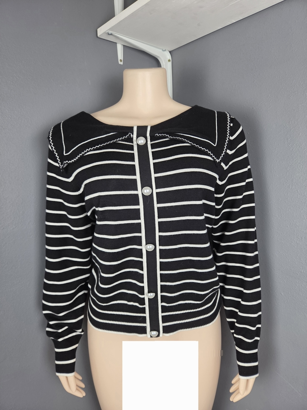 Adrianna Papell Black and White Striped Button-Front Sweater with Sailor Collar